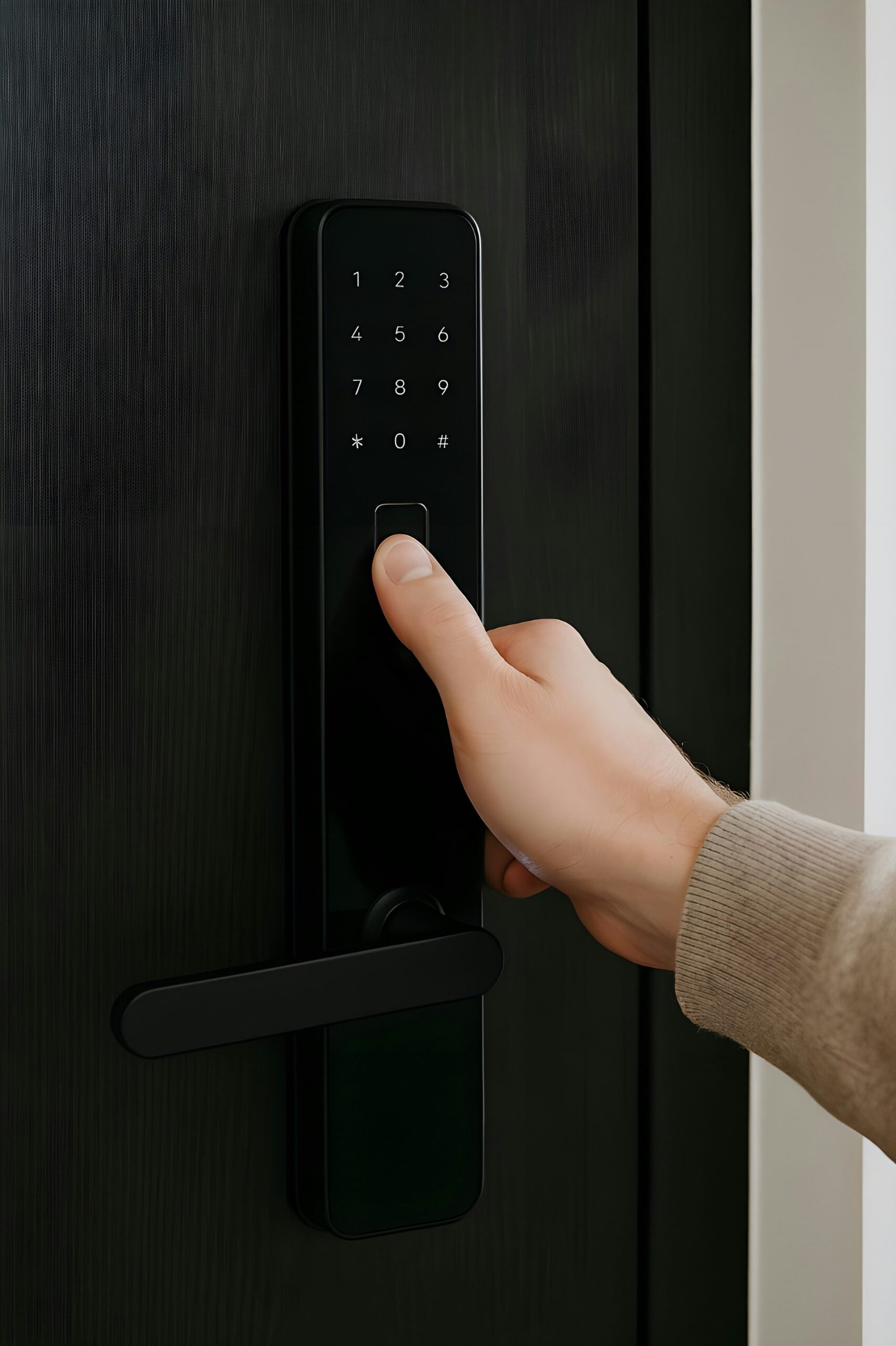 Person using a digital smart lock keypad for secure entry